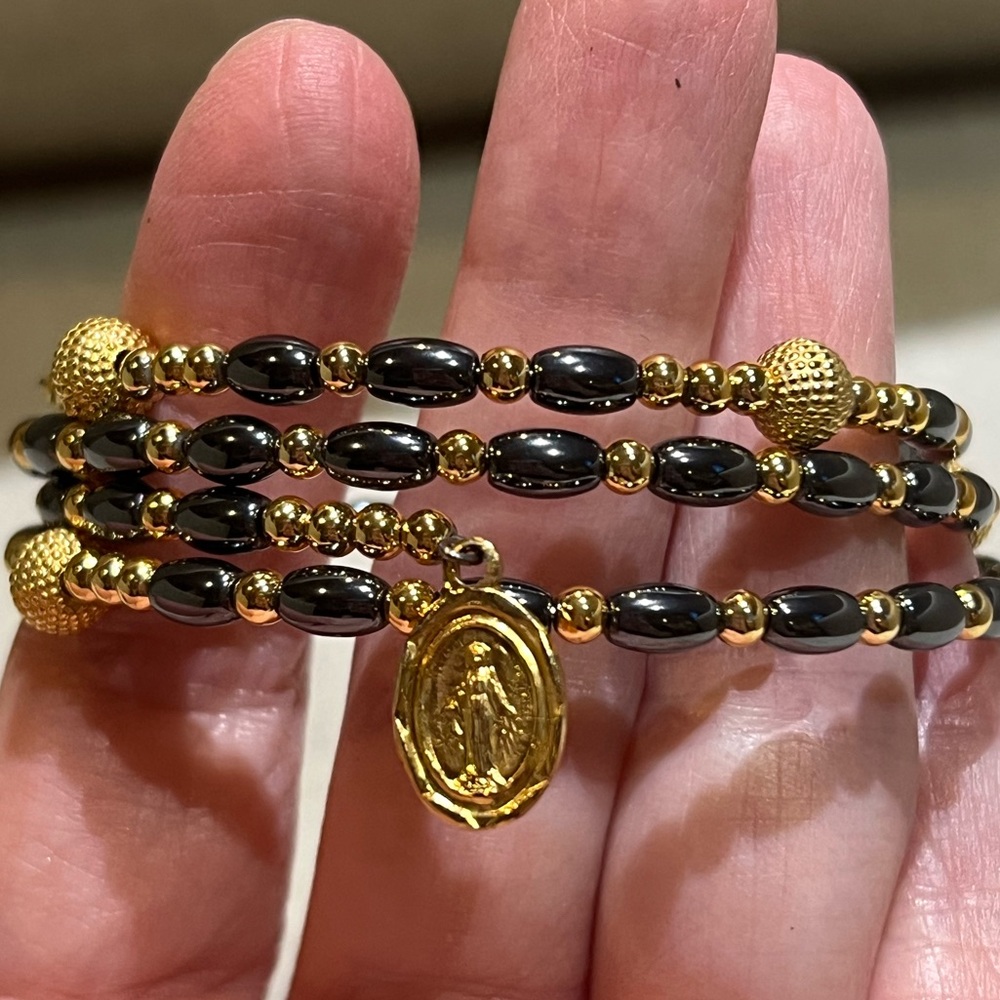 Gold & Black Rosary & Cross Beaded Wrap Bracelet